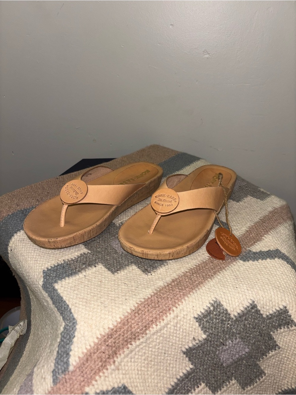 Kork-Ease Nude Tan Leather Thong Wedge Sandals with Logo Medallion